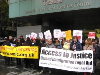 Manchester law centre staff protest against funding cuts, photo Hugh Caffrey