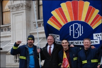FBU general secretary Matt Wrack with firefighters at their rally and lobby MPs against cuts, photo Suzanne Beishon