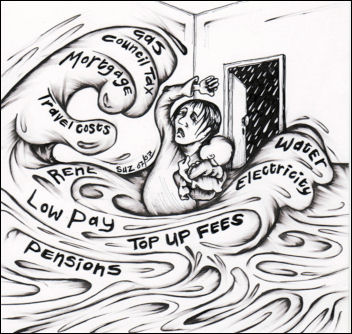 Flooded with Debt, cartoon by Suz at www.squashdonkey.co.uk