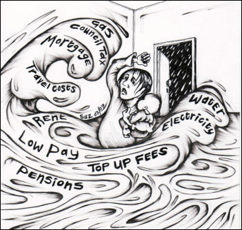 Flooded with Debt, cartoon by Suz, www.squashdonkey.co.uk. Credit crisis brings debt