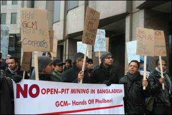 Protesters demand halt to opencast coal mining in Bangladesh outside mining company Global Coal Management Resources Ltd annual general meeting , photo M Thain