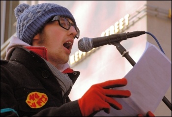 Ian Pattison, of the Leeds University occupation addressing the 35,000 strong Day X demonstration, explained how he suffered police harrassment, photo Suzanne Beishon