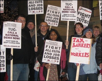 Shop Stewards Network supporters working and living in Manchester lobbied outside the Manchester city council meeting on Wednesday 8 December, photo Hugh Caffrey