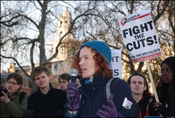 Hannah Sell, Socialist Party deputy general secretary, addressing sStudents protest outside parliament on Day X as tuition fees debated, photo Suzanne Beishon