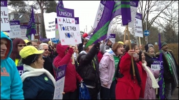 NHS cleaners employed by Compass Medirest on a 48 hour strike in Southampton and Buckinghamshire, photo Southampton Socialist Party