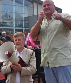 Bob Crow, Railway workers union general secretary, RMT and Dave Nellist at NSSN lobby of  2010 TUC congress in Manchester, photo by Suleyman Civi