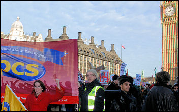 PCS banner joins the student protest against fees outside parliament on Day X, photo by Suzanne Beishon