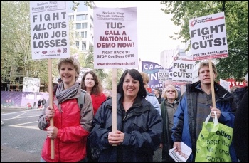London anti-cuts demonstration jointly called by the NSSN, RMT, NUT, FBU, PCS and other unions, photo Paul Mattsson