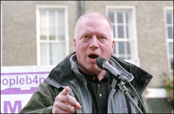 Matt Wrack, FBU general secretary, speaking at the London anti-cuts demonstration jointly called by the NSSN, RMT, NUT, FBU, PCS and other unions, photo Paul Mattsson