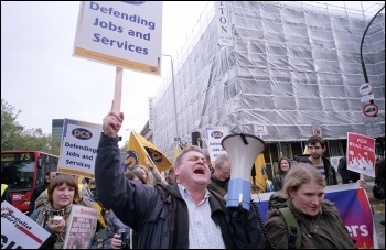 PCS members on the London anti-cuts demonstration jointly called by the NSSN, RMT, NUT, FBU, PCS and other unions, photo Paul Mattsson