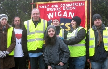 Department for Work and Pensions (DWP) civil servants in the PCS union take strike action at the Makerfield site near Wigan to provide a decent service to claimants