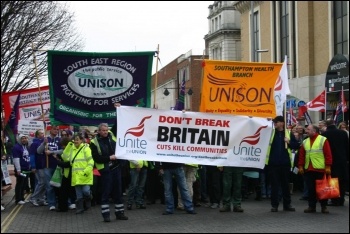 Demonstration in Southampton by Unite and Unison against Tory attacks on terms and conditions and cuts in public services. Around 1000 workers took part, photo David Smith