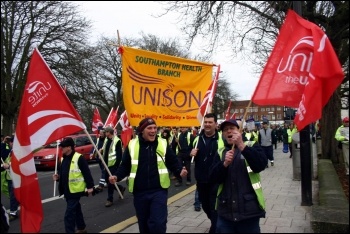 Demonstration in Southampton by Unite and Unison against Tory attacks on terms and conditions and cuts in public services. Around 1000 workers took part, photo David Smith