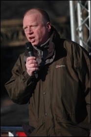 Matt Wrack, General Secretary, Fire Brgades Union (FBU), addresses the 29 January Manchester student demonstration , photo by Dave Beale