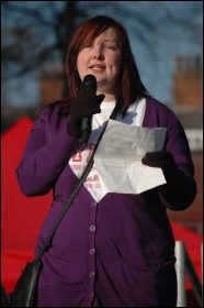 Jane Warburton, regional youth leader of the PCS union, speaking to the Manchester demonstration against youth unemployment and in support of the students' struggle against fee rises and cuts, photo by Dave Beale