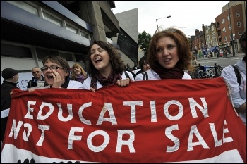 UCU  members on strike at London Met university in 2009 say No Job Cuts, Save our staff, and Education not for sale , photo Paul Mattsson