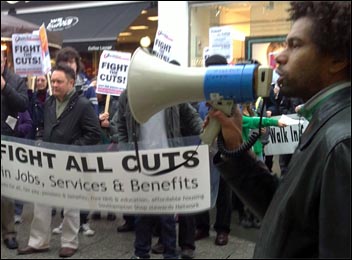 Hugo Pierre speaks to the Southampton trade unionists, community campaigners, students and socialists' demonstration organised by the Southampton Shop Stewards Network, photo Southampton SP