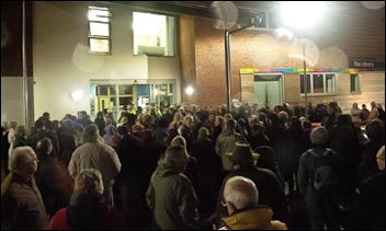 Hundreds of campaigners against the government's forests sell-off plans wait to quiz Tory MP in Coleford, photo www.handsoffourforests.org Hundreds of campaigners against the government's forests sell-off plans wait to quiz Tory MP in Coleford, photo www.handsoffourforests.org