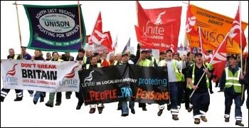 Demonstration in Southampton by Unite and Unison against Tory attacks on terms and conditions and cuts in public services, photo by David Smith