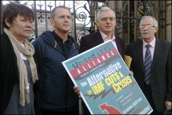 Socialist Party leader Joe Higgins with United Left Alliance candidates at the launch of Ireland's left coalition election campaign, photo Socialist Party Ireland