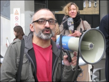Onay Kasab addresses 200 trade unionists, community campaigners and service users marched in Greenwich borough, south London, against the local council's brutal cuts package, photo Lorraine Dardis