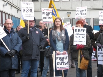 200 trade unionists, community campaigners and service users marched in Greenwich borough, south London, against the local council's brutal cuts package, photo Lorraine Dardis