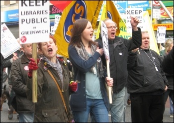 200 trade unionists, community campaigners and service users marched in Greenwich borough, south London, against the local council's brutal cuts package, photo Lorraine Dardis