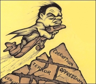 Egyptian dictator Hosni Mubarak flees. Cartoon by Suz