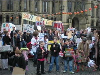 Protest as forty Sure Start centres across Manchester face closure and privatisation as the city council carries out the government spending cuts, photo Manchester Socialist Party 