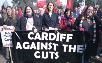 Thousands of workers, students and anti-cuts campaigners marched through Cardiff on Saturday 5 March to tell visiting Con Dems we don't accept your cuts, photo Paul Mattsson