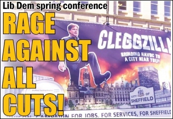 Rage against the cuts at the Lib Dem spring conference protest, Sheffield