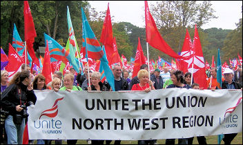 Unite trade union demonstration outside Labour Party conference 2007, photo Bob Severn