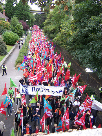 Unite trade union demonstration outside Labour Party conference 2007, photo Bob Severn