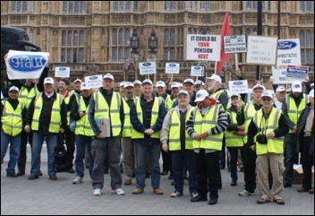 200 Visteon pensioners demonstrated outside parliament on Tuesday 29 March as Ford executives met MPs , photo Mike Gard 