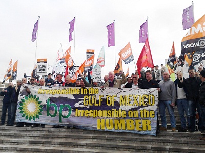 Protest of locked out Saltend construction workers at BP AGM in London on 14.4.11, photo Sarah Wrack