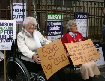 Demonstration against closure of day centre in Llandeilo, Wales: Users of Noddfa Teilo Day Club in Llandeilo, Carmarthenshire, protest, photo Socialist Party Wales