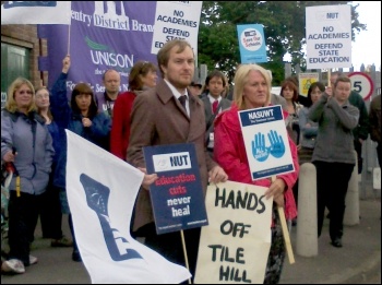 School students and teachers protest against academies at Tile Hill Wood school in Coventry, photo Coventry Socialist Party