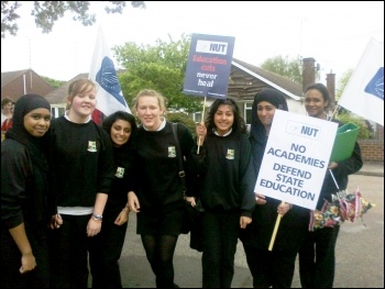 School students and teachers protest against academies at Tile Hill Wood school in Coventry, photo Coventry Socialist Party