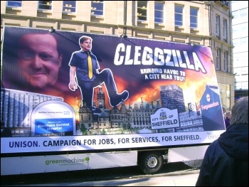 Sheffield protest against the Liberal Democrats - Unison campaign for jobs and services, photo Sheffield Socialist Party