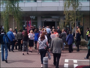 HMRC Sherbourne House, Coventry, PCS members walk in together, 8.6.11