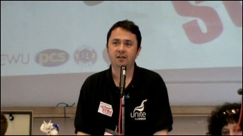 Rob Williams, NSSN chair, speaking at National Shop Stewards Network Conference June 2011, photo by  Socialist Party