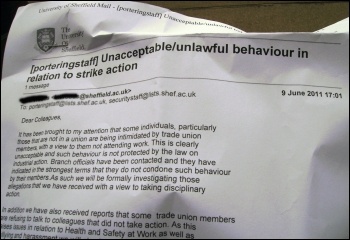 Sheffield University HR email sent to support staff, June 2011, photo by Sheffield Socialist Party