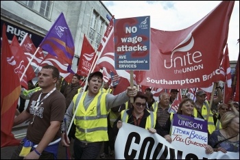 Over 1,000 council workers, striking Medirest cleaners and others marched through Southampton on 13 June in a powerful show of solidarity against vicious council cuts and the scandalous consequence of the private sector in the NHS , photo Paul Mattsson