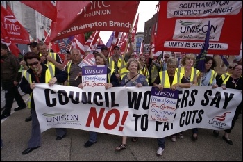 Over 1,000 council workers, striking Medirest cleaners and others marched through Southampton on 13 June in a powerful show of solidarity against vicious council cuts and the scandalous consequence of the private sector in the NHS , photo Paul Mattsson