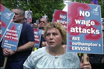 Over 1,000 council workers, striking Medirest cleaners and others marched through Southampton on 13 June in a powerful show of solidarity against vicious council cuts and the scandalous consequence of the private sector in the NHS , photo Paul Mattsson