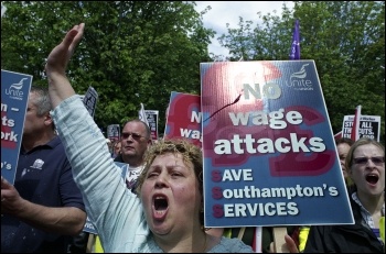 Over 1,000 council workers, striking Medirest cleaners and others marched through Southampton on 13 June in a powerful show of solidarity against vicious council cuts and the scandalous consequence of the private sector in the NHS , photo Paul Mattsson