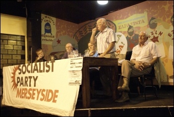 Peter Taaffe speaking at the Merseyside Socialist Party meeting, 5.7.11, photo Harry Smith