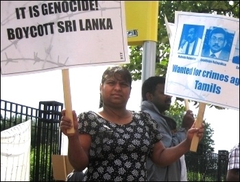 Tamil Solidarity (TS) organised a protest in front of Lancashire County Cricket Club when Sri Lanka played England on 9th July against the genocide of Tamils, photo by Hugh Caffrey