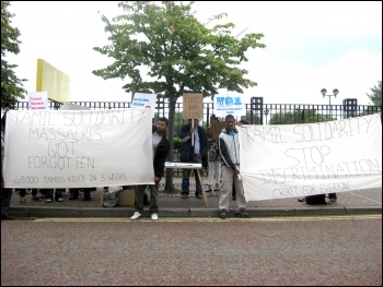 Tamil Solidarity (TS) organised a protest in front of Lancashire County Cricket Club when Sri Lanka played England on 9th July against the war crimes of the Sri Lankan government, photo by Hugh Caffrey