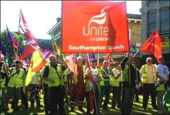 Demo in Southampton City Centre by striking Unite and Unison workers, including refuse, toll bridge and port health authority workers, amongst others, photo Andrew Howe